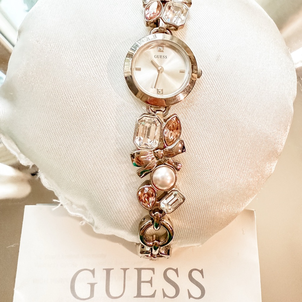 Guess Women's Silver Watch with Bows and Pearl Accents
